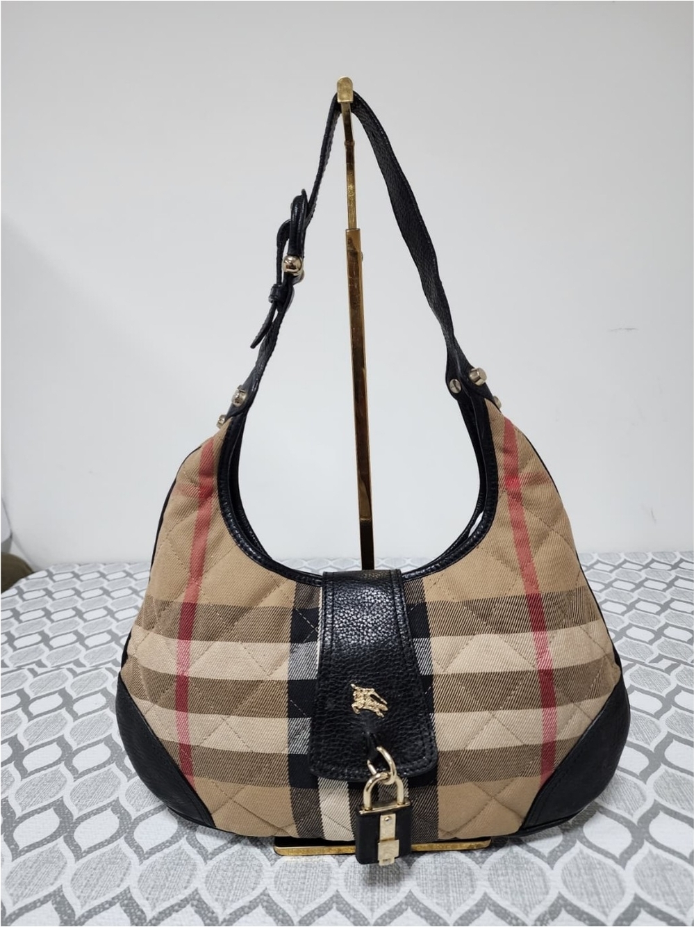 Burberry Quilted House Check Canvas and Leather Brooke Hobo Bag Beige/Black